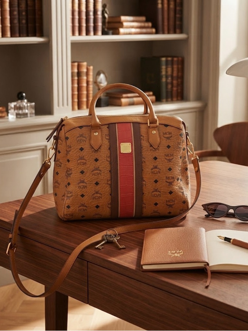 Authentic Ltd. MCM Cognac Visetos Satchel with Pink Center Stripe and Brown Trim